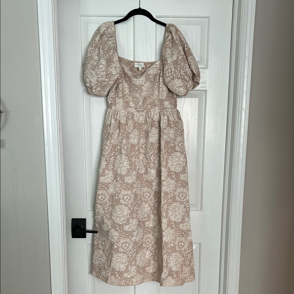 Pinkblush Cream and Beige Floral Midi Dress with Puff Sleeves